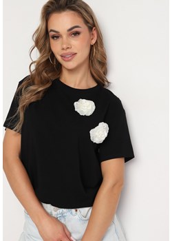 Czarny T-shirt z Bawełny z Aplikacją 3D w Kształcie Kwiatu Risandra ze sklepu Born2be Odzież w kategorii Bluzki damskie - zdjęcie 173338805
