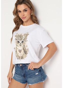 Beżowy Bawełniany T-shirt Koszulka z Krótkim Rękawem Ozdobiona Nadrukiem i Cekinami Testelie ze sklepu Born2be Odzież w kategorii Bluzki damskie - zdjęcie 173361618