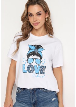 Biało-Niebieski Bawełniany T-shirt z Nadrukiem z Przodu Sarilla ze sklepu Born2be Odzież w kategorii Bluzki damskie - zdjęcie 173361625