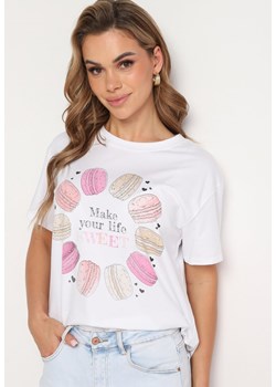 Różowy Bawełniany T-shirt Ozdobiony Nadrukiem i Cyrkoniami Chrisielle ze sklepu Born2be Odzież w kategorii Bluzki damskie - zdjęcie 173361639