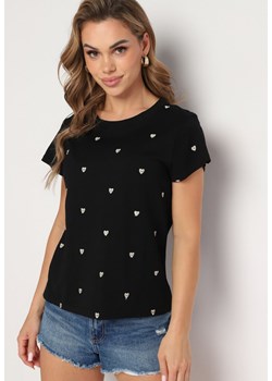 Czarny T-shirt z Bawełny z Ozdobnym Printem w Kształcie Kwiatków Vikenna ze sklepu Born2be Odzież w kategorii Bluzki damskie - zdjęcie 173361688