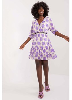 Rozkloszowana luźna sukienka w fioletowe grochy z paskiem ze sklepu 5.10.15 w kategorii Sukienki - zdjęcie 173362039