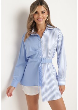 Niebieska Asymetryczna Koszula z Materiałowym Paskiem z Klamrą Vodeis ze sklepu Born2be Odzież w kategorii Koszule damskie - zdjęcie 173366927
