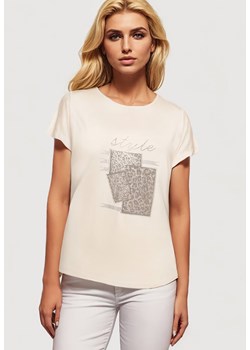 Beżowy Bawełniany T-shirt z Ozdobnym Napisem i Cyrkoniami Krisiona ze sklepu Born2be Odzież w kategorii Bluzki damskie - zdjęcie 173370876