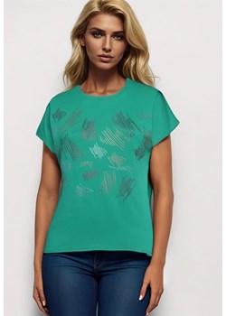 Zielony Klasyczny Bawełniany T-shirt Ozdobiony Cyrkoniami Christara ze sklepu Born2be Odzież w kategorii Bluzki damskie - zdjęcie 173370885