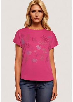 Ciemnoróżowy Klasyczny Bawełniany T-shirt Ozdobiony Cyrkoniami Christara ze sklepu Born2be Odzież w kategorii Bluzki damskie - zdjęcie 173370888