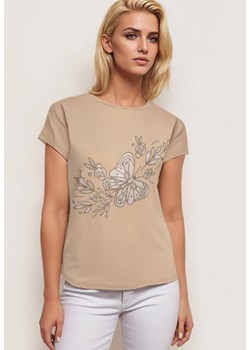 Beżowy Klasyczny Bawełniany T-shirt z Nadrukiem Wiloa ze sklepu Born2be Odzież w kategorii Bluzki damskie - zdjęcie 173370895