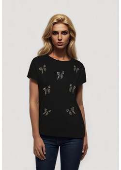 Czarny T-shirt z Bawełny z Kokardkami Ozdobionymi Cyrkoniami Rissamore ze sklepu Born2be Odzież w kategorii Bluzki damskie - zdjęcie 173370907