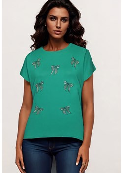 Zielony T-shirt z Bawełny z Kokardkami Ozdobionymi Cyrkoniami Rissamore ze sklepu Born2be Odzież w kategorii Bluzki damskie - zdjęcie 173370916