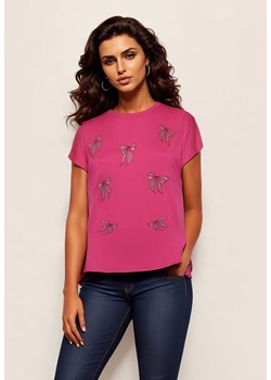 Ciemnoróżowy T-shirt z Bawełny z Kokardkami Ozdobionymi Cyrkoniami Rissamore ze sklepu Born2be Odzież w kategorii Bluzki damskie - zdjęcie 173370919