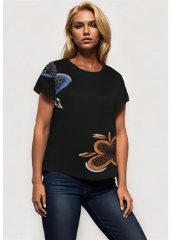 Czarny Klasyczny T-shirt z Bawełny Ozdobiony Nadrukiem i Cyrkoniami Kristinae ze sklepu Born2be Odzież w kategorii Bluzki damskie - zdjęcie 173370928