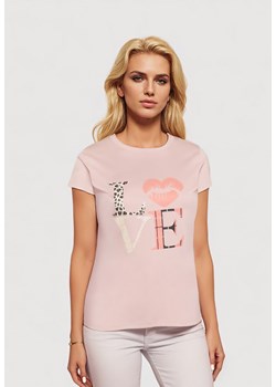 Jasnoróżowy T-shirt z Krótkim Rękawem i Ozdobnym Nadrukiem Testolene ze sklepu Born2be Odzież w kategorii Bluzki damskie - zdjęcie 173370956