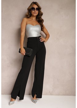 Czarne Eleganckie Spodnie High Waist o Szerokim Kroju z Wiskozą i Rozcięciami Yurlea ze sklepu Renee odzież w kategorii Spodnie damskie - zdjęcie 173371428