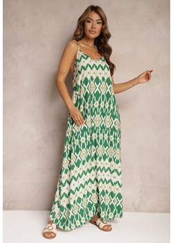 Zielona Sukienka z Wiskozy na Ramiączkach o Rozkloszowanym Kroju i Geometrycznym Wzorze Xervidia ze sklepu Renee odzież w kategorii Sukienki - zdjęcie 173371535