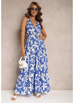 Niebieska Sukienka z Kopertowym Dekoltem i Gumką w Talii Wiązana na Szyi Vikillaia ze sklepu Renee odzież w kategorii Sukienki - zdjęcie 173371605