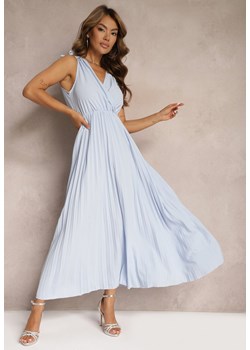 Jasnoniebieska Rozkloszowana Sukienka Plisowana z Wiskozą i Bawełną Wykończona Gumką w Talii Yefia ze sklepu Renee odzież w kategorii Sukienki - zdjęcie 173371745
