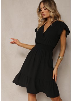 Czarna Sukienka o Rozkloszowanym Kroju z Kopertowym Dekoltem i Gumką w Talii Vikiiria ze sklepu Renee odzież w kategorii Sukienki - zdjęcie 173371755