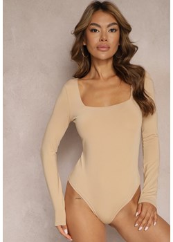 Beżowe Body z Kwadratowym Dekoltem i Długim Rękawem Gazzla ze sklepu Renee odzież w kategorii Bluzki damskie - zdjęcie 173371768