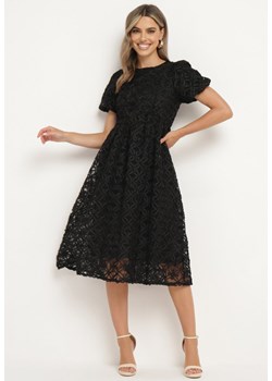 Czarna Rozkloszowana Sukienka z Przeźroczystym Tiulem z Ozdobnym Wzorem Exbia ze sklepu Born2be Odzież w kategorii Sukienki - zdjęcie 173373818