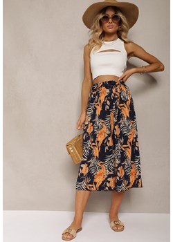 Granatowo-Pomarańczowe Spodnie High Waist z Szerokimi Nogawkami z Gumką w Talii i Materiałowym Paskiem Berlefia ze sklepu Renee odzież w kategorii Spodnie damskie - zdjęcie 173373985