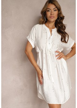 Biała Sukienka Pudełkowa z Troczkiem w Talii i Zdobiona Cyrkoniami Quilefia ze sklepu Renee odzież w kategorii Sukienki - zdjęcie 173374038