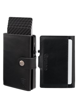 Skórzany portfel męski z zewnętrzną kieszenią na kartę oraz aluminiowym etui z wysuwanymi kartami (czarny) ze sklepu Koruma ID Protection w kategorii Portfele męskie - zdjęcie 173375187