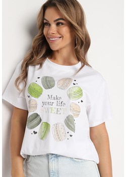 Biało-Zielony Bawełniany T-shirt Ozdobiony Nadrukiem i Cyrkoniami Chrisielle ze sklepu Born2be Odzież w kategorii Bluzki damskie - zdjęcie 173387915