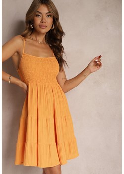 Pomarańczowa Rozkloszowana Sukienka z Gumką w Pasie na Cienkich Ramiączkach Kiretta ze sklepu Renee odzież w kategorii Sukienki - zdjęcie 173390205