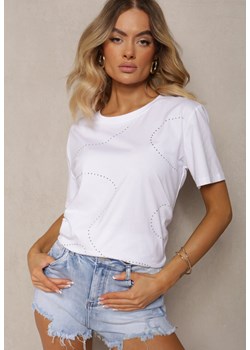 Biały T-shirt z Bawełny z Krótkim Rękawem i Ozdobnymi Cyrkoniami Keravia ze sklepu Renee odzież w kategorii Bluzki damskie - zdjęcie 173390239