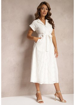 Biała Rozkloszowana Koszulowa Sukienka z Bawełny z Ażurowym Zdobieniem i Paskiem Ilosofia ze sklepu Renee odzież w kategorii Sukienki - zdjęcie 173390619