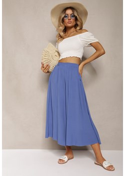Niebieskie Spodnie z Bawełny High Waist z Szerokimi Nogawkami i Gumką w Pasie Elevevia ze sklepu Renee odzież w kategorii Spodnie damskie - zdjęcie 173390679