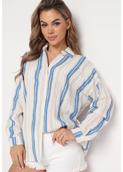 Beżowo-Niebieska Bawełniana Koszula w Paski o Luźnym Kroju Lievan ze sklepu Born2be Odzież w kategorii Koszule damskie - zdjęcie 173391215