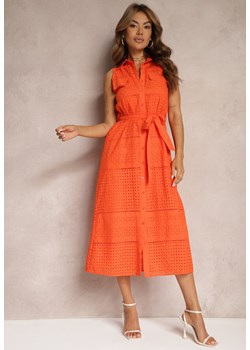 Pomarańczowa Ażurowa Sukienka z Bawełny o Koszulowym Kroju z Materiałowym Paskiem Vikiisara ze sklepu Renee odzież w kategorii Sukienki - zdjęcie 173393848