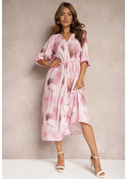 Różowa Wiskozowa Sukienka o Rozkloszowanym Kroju z Paskiem w Talii i Bufiastymi Rękawami Uranea ze sklepu Renee odzież w kategorii Sukienki - zdjęcie 173404298