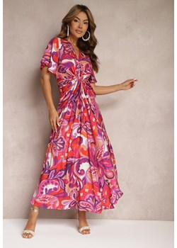 Fioletowo-Różowa Sukienka z Wiskozy o Rozkloszowanym Kroju z Ozdobnym Węzłem i Szerokimi Rękawami Janamla ze sklepu Renee odzież w kategorii Sukienki - zdjęcie 173404307