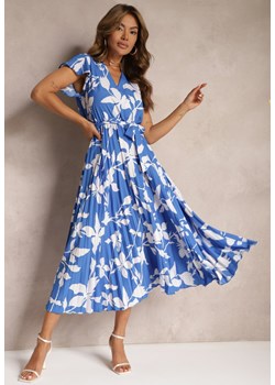 Niebieska Sukienka z Kopertowym Dekoltem Plisowanym Dołem Wykończona w Talii Paskiem i Gumką Elsavia ze sklepu Renee odzież w kategorii Sukienki - zdjęcie 173404347