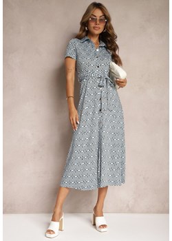 Niebiesko-Biała Koszulowa Sukienka w Geometryczny Wzór Zapinana na Guziki Xarrah ze sklepu Renee odzież w kategorii Sukienki - zdjęcie 173404367