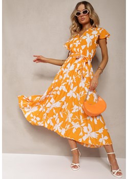 Pomarańczowa Sukienka z Kopertowym Dekoltem Plisowanym Dołem Wykończona w Talii Paskiem i Gumką Elsavia ze sklepu Renee odzież w kategorii Sukienki - zdjęcie 173413235