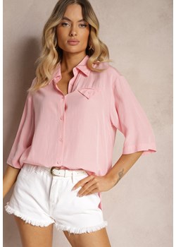 Różowa Koszula z Wiskozą i Lnem z Rękawami Długości 3/4 o Luźnym Kroju z Wycięciami Lirefia ze sklepu Renee odzież w kategorii Koszule damskie - zdjęcie 173420329
