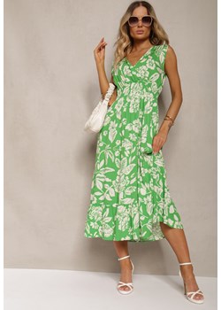 Zielona Wiskozowa Kwiatowa Sukienka Wykończona Gumką w Pasie o Rozkloszowanym Kroju Keranea ze sklepu Renee odzież w kategorii Sukienki - zdjęcie 173420349