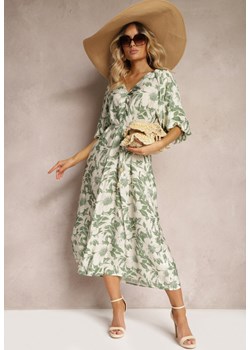 Zielona Wiskozowa Sukienka Wiązana w Talii z Ozdobnymi Rękawami Nanea ze sklepu Renee odzież w kategorii Sukienki - zdjęcie 173420419