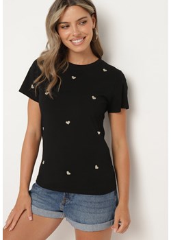 Czarny T-shirt Bawełniany z Naszytymi Serduszkami Monolia ze sklepu Born2be Odzież w kategorii Bluzki damskie - zdjęcie 173423768