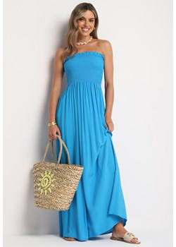 Niebieska Wiskozowa Sukienka z Marszczonym Dekoltem Bandeau Vikiraias ze sklepu Born2be Odzież w kategorii Sukienki - zdjęcie 173424015