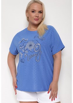 Niebieski Ażurowy T-shirt z Bawełną Ozdobiony Cyrkoniami Deviana ze sklepu Born2be Odzież w kategorii Bluzki damskie - zdjęcie 173431907