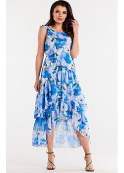 Sukienka z szyfonu z falbanami niebiesko-biała A500, Kolor niebieski-wzór, Rozmiar L, Awama ze sklepu Primodo w kategorii Sukienki - zdjęcie 173453766