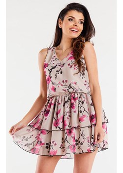 Sukienka mini z szyfonu beżowa w kwiaty A501, Kolor beżowo-różowy, Rozmiar L, Awama ze sklepu Primodo w kategorii Sukienki - zdjęcie 173453786
