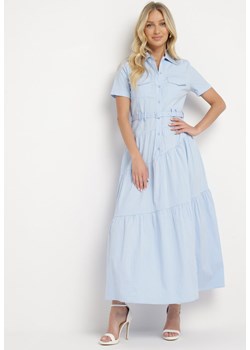 Niebieska Taliowana Sukienka z Bawełny w Koszulowym Stylu z Imitacją Kieszeni Masefia ze sklepu Born2be Odzież w kategorii Sukienki - zdjęcie 173467895