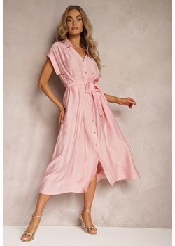 Różowa Rozkloszowana Sukienka o Koszulowym Kroju Ozdobiona Paskiem w Talii i Guzikami Rosofia ze sklepu Renee odzież w kategorii Sukienki - zdjęcie 173474287