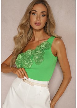 Zielona Asymetryczna Prążkowana Bluzka z Wiskozą oraz Kwiatami 3D Ferra ze sklepu Renee odzież w kategorii Bluzki damskie - zdjęcie 173474317