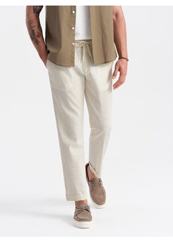 Podwijane męskie spodnie chino z dodatkiem lnu – kremowe V2 OM-PACP-0198 ze sklepu ombre w kategorii Spodnie męskie - zdjęcie 173474585